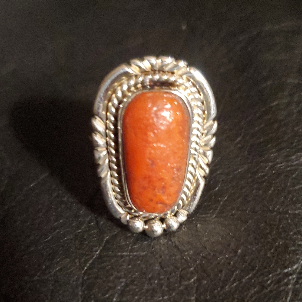 Native American Coral Ring Sterling Silver Vintage Size 8 Unisex